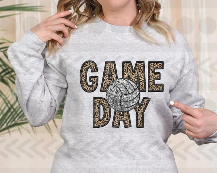 Game Day Volleyball leopard and faux embroidery