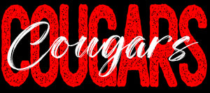 Cougars red block and white cursive