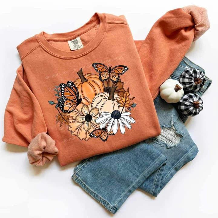 Pumpkin Flowers Butterflies Comfort Colors Sweatshirt