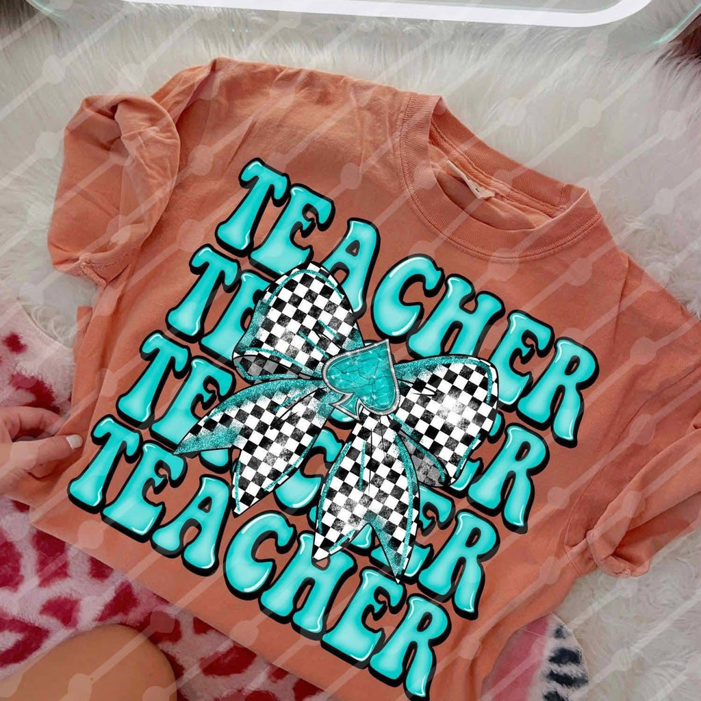 Teacher Turquoise Checker Bow
