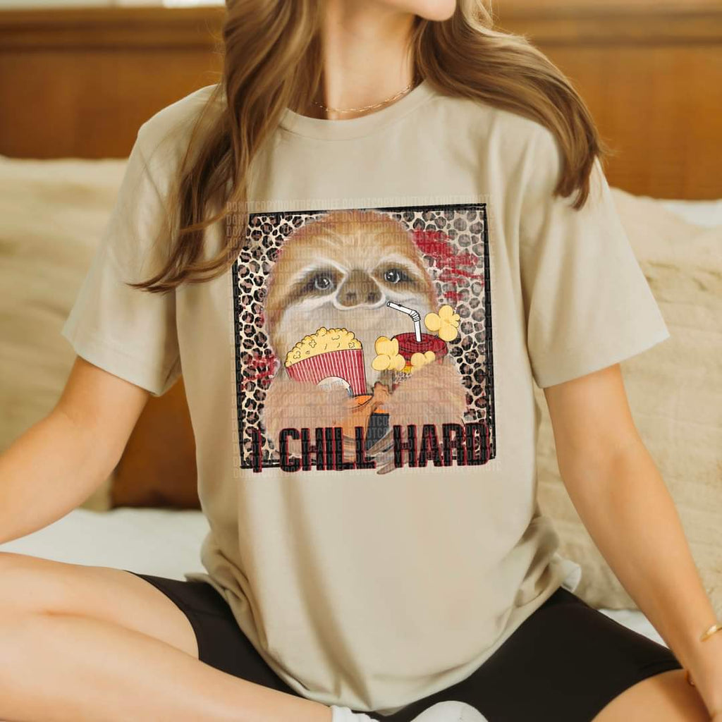 I chill hard sloth with drink and popcorn