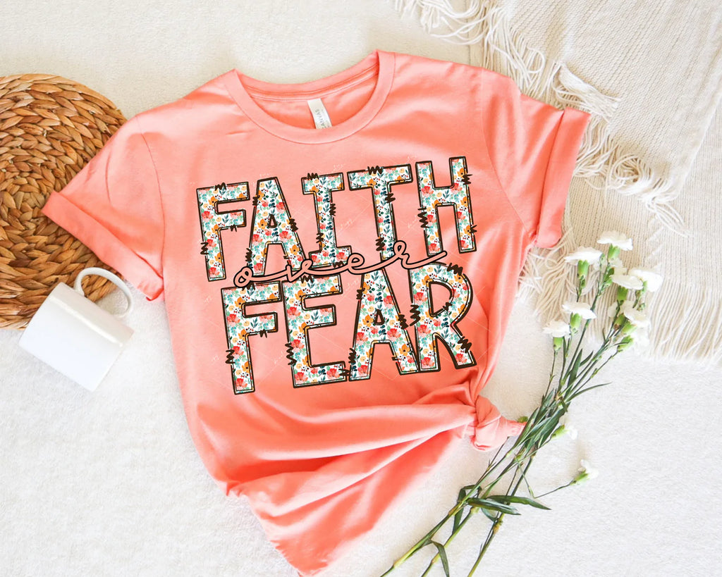 Faith over fear (block lettering, mint green, coral, gold, tiny floral design)