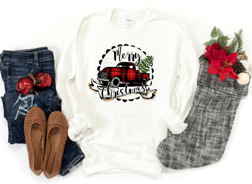 Merry Christmas Circle Plaid Truck Gildan Sweatshirt