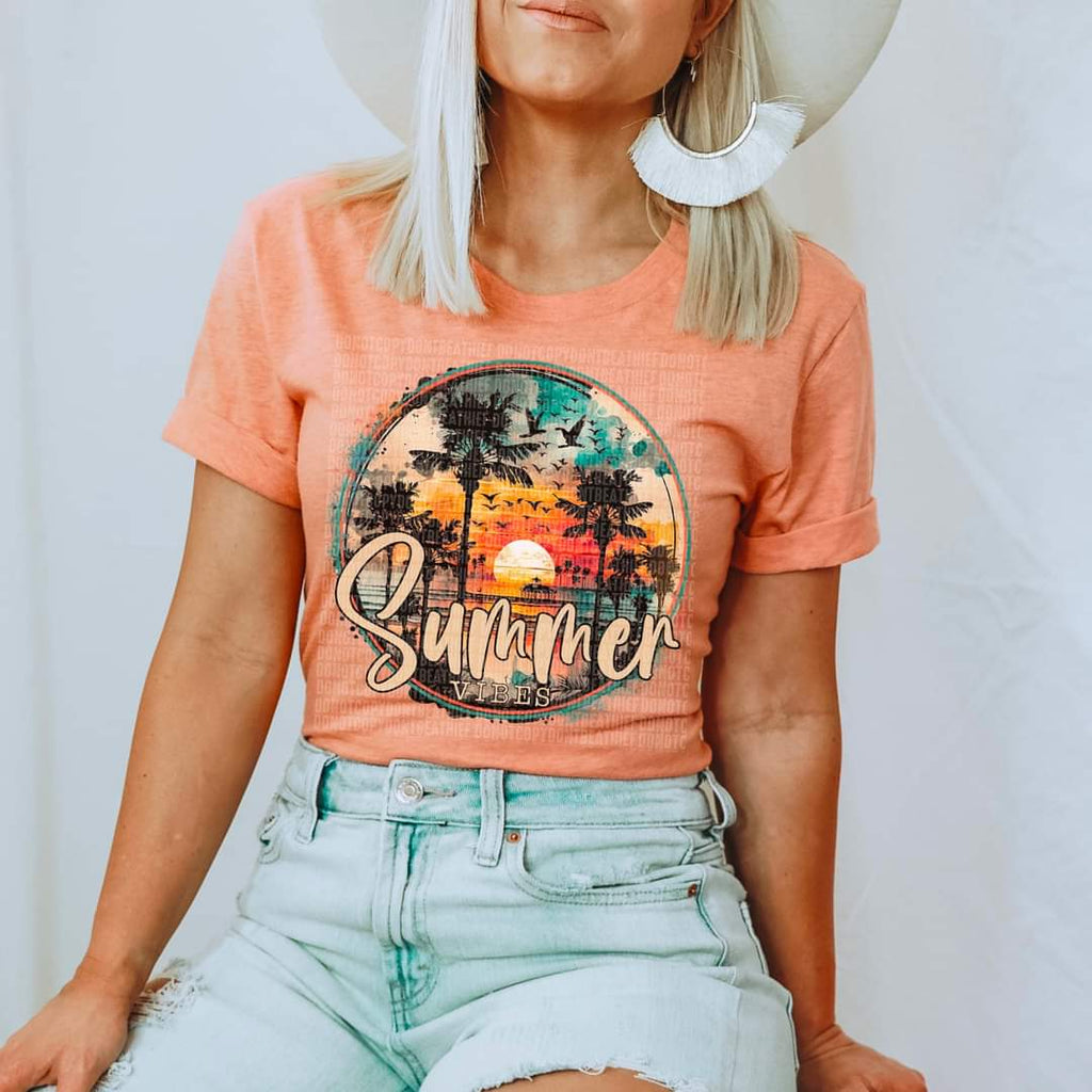 Summer vibes circle with palm trees and sunset